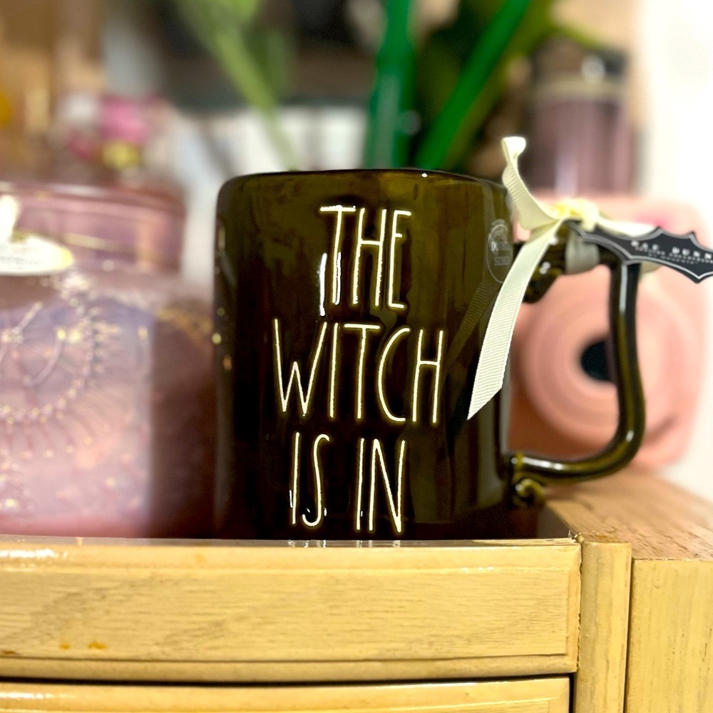 Rae Dunn Halloween The Witch Is In Black Cat Mug Brown Green Ceramic